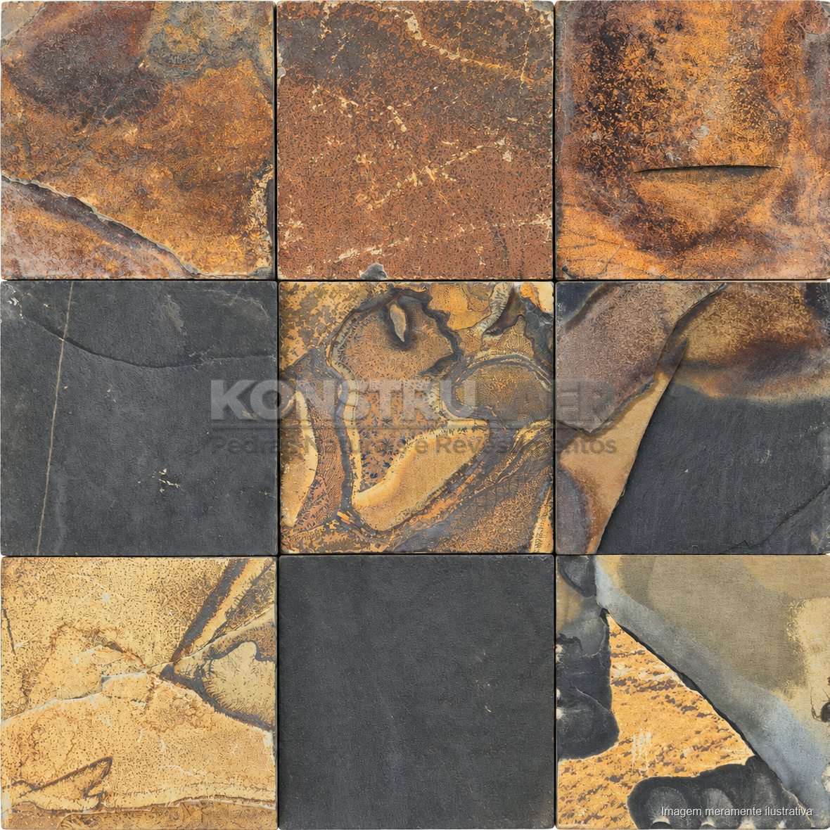 Pedra Ferro Ferrugem Serrada 20 × 20 cm, painel frontal completo